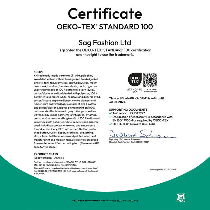 Certificates - SAG Fashion Ltd.