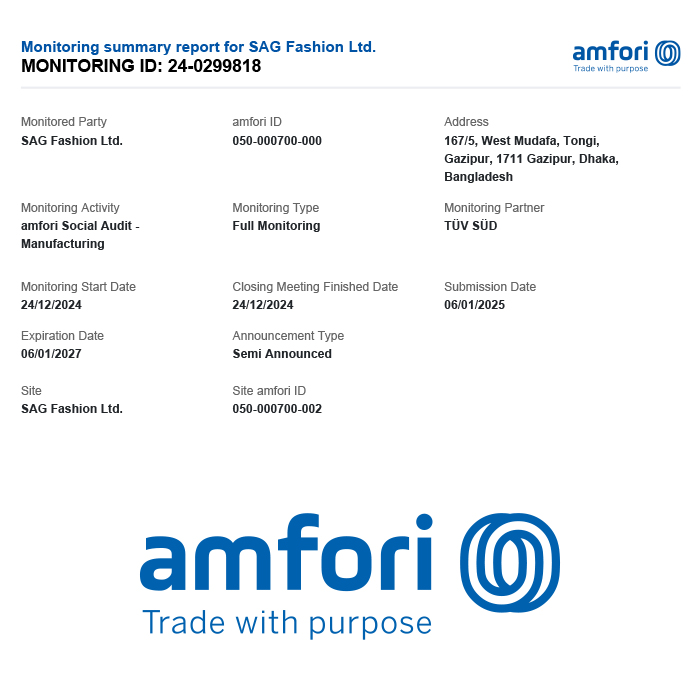 amfori certificate SAG Fashion 2025